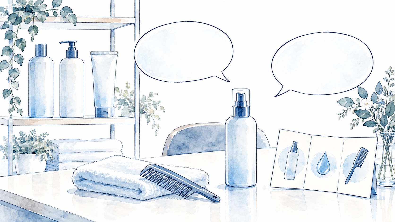 サロンの店販棚とヘアケア商品、使い方の案内カード、対話を表す吹き出しの線画